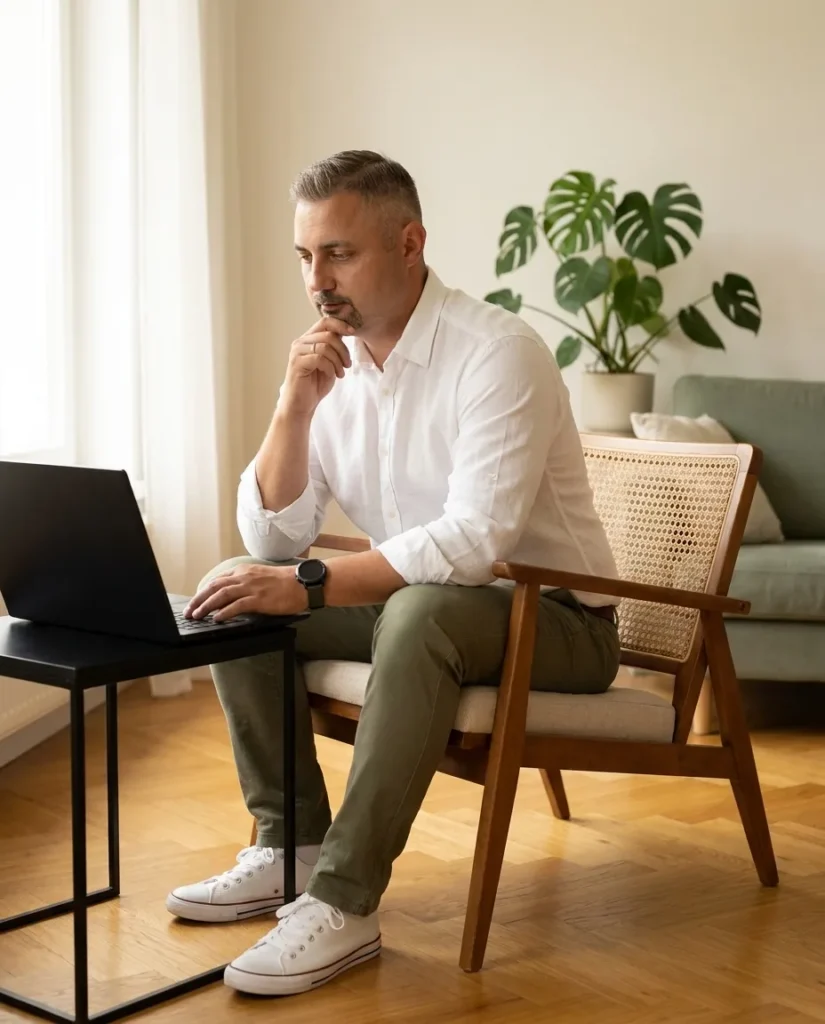 Spokojna analiza sytuacji klienta przy laptopie – Łasica Home Solutions, Sochaczew