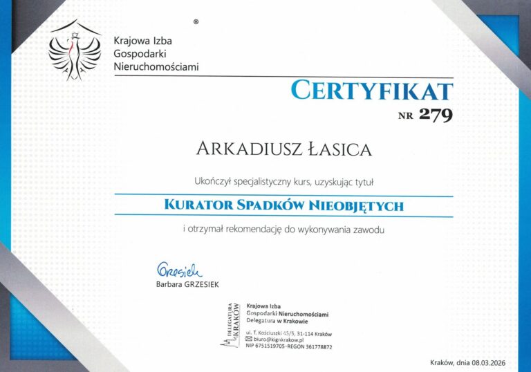 Certyfikat Kuratora Spadków Nieobjętych nr 279 – Arkadiusz Łasica, Krajowa Izba Gospodarki Nieruchomościami