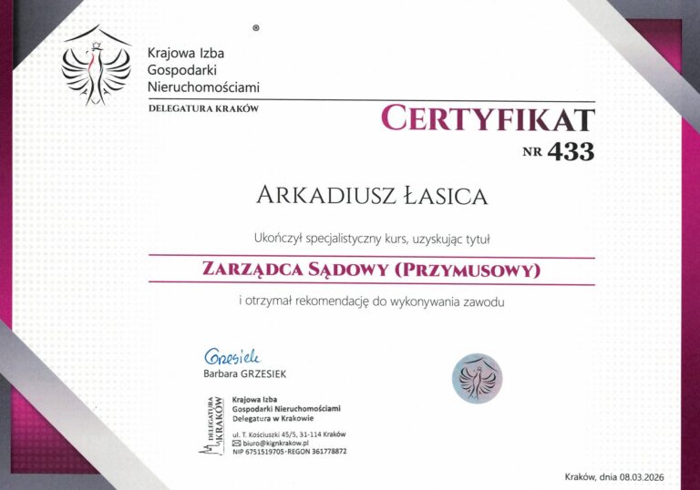 Certyfikat Zarządcy Sądowego (Przymusowego) nr 433 – Arkadiusz Łasica, Krajowa Izba Gospodarki Nieruchomościami