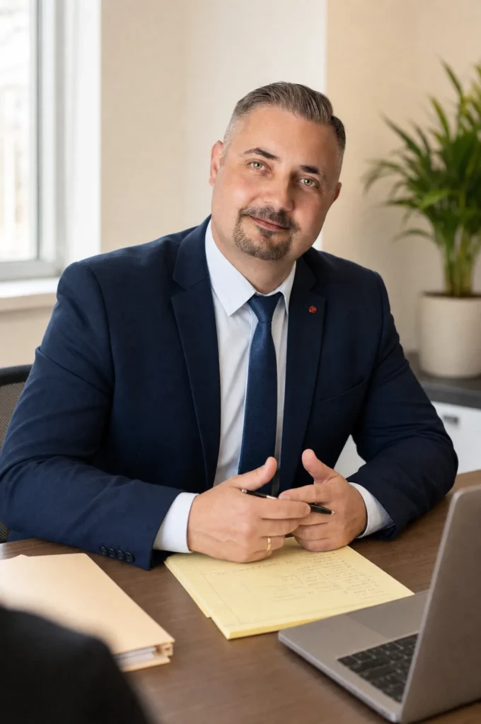 Doradca od trudnych nieruchomości przy biurku z dokumentami