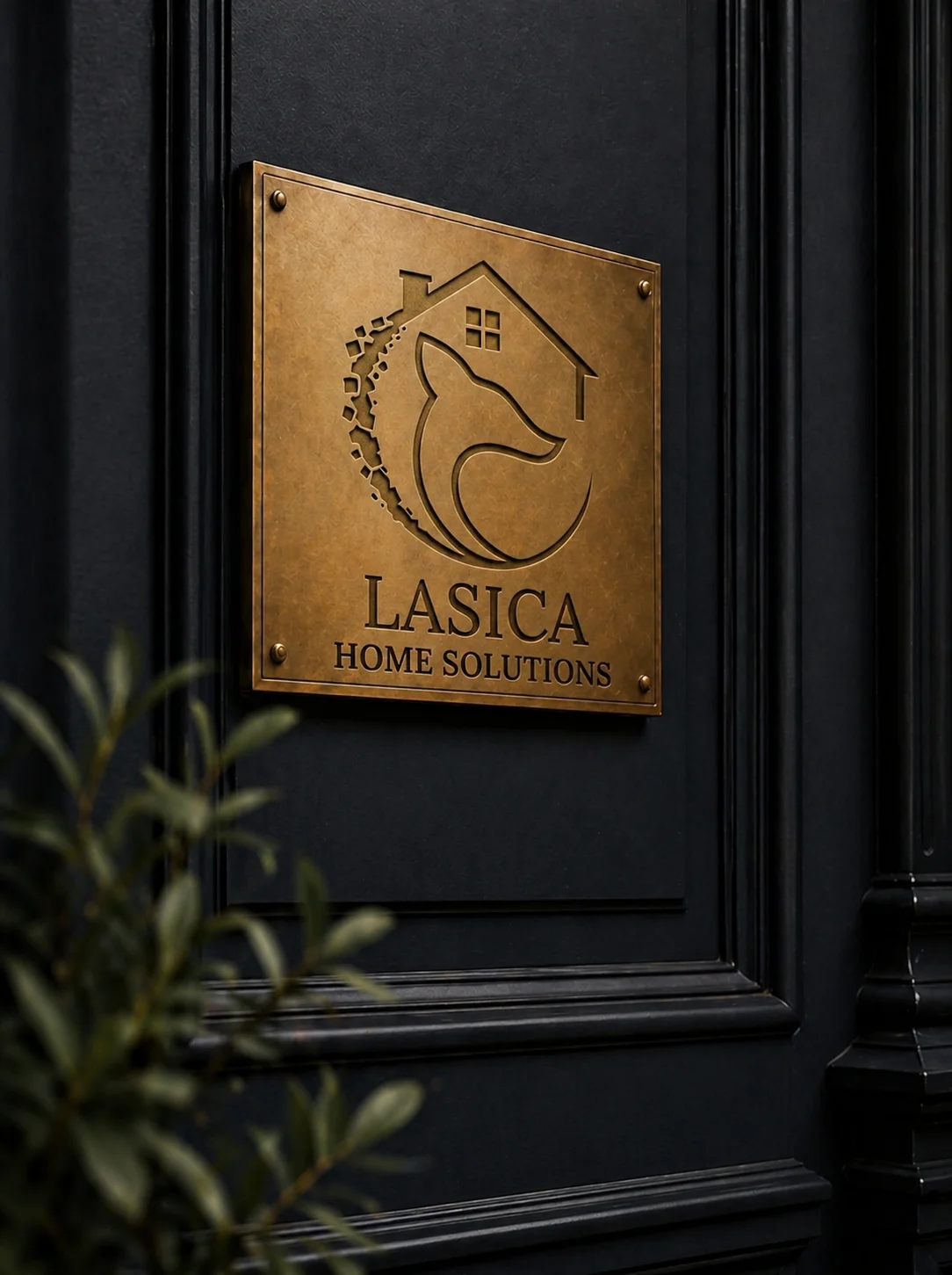 Tabliczka z logo Łasica Home Solutions na drzwiach biura – o nas