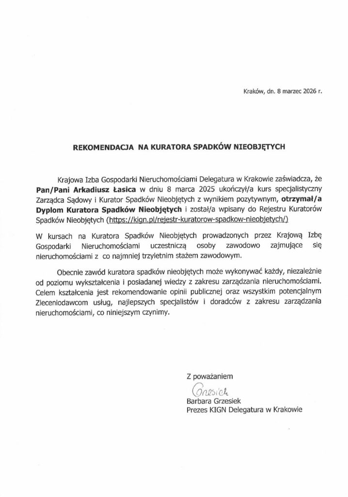 Rekomendacja KIGN na Kuratora Spadków Nieobjętych – Arkadiusz Łasica