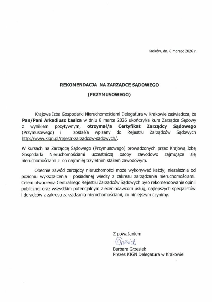 Rekomendacja KIGN na Zarządcę Sądowego (Przymusowego) – Arkadiusz Łasica