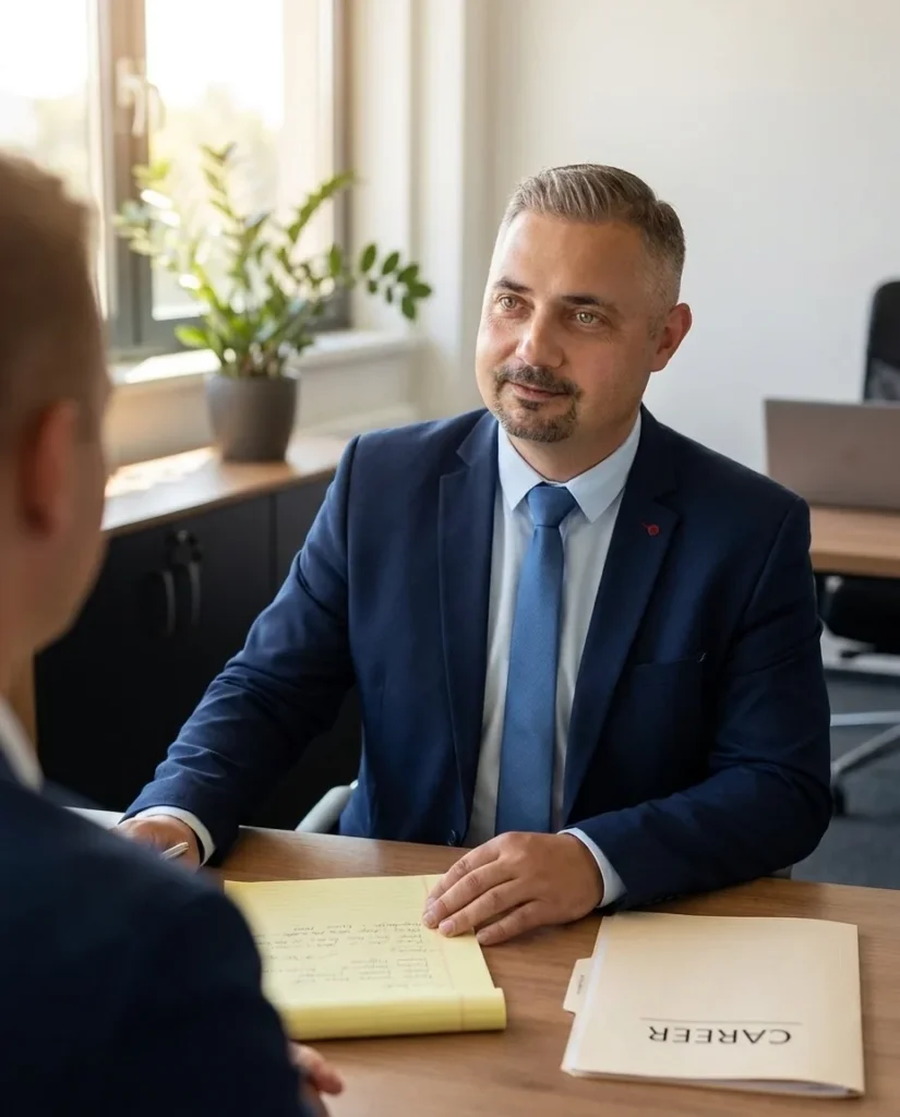Rozmowa z klientem w biurze w Sochaczewie, na biurku dokumenty – Łasica Home Solutions