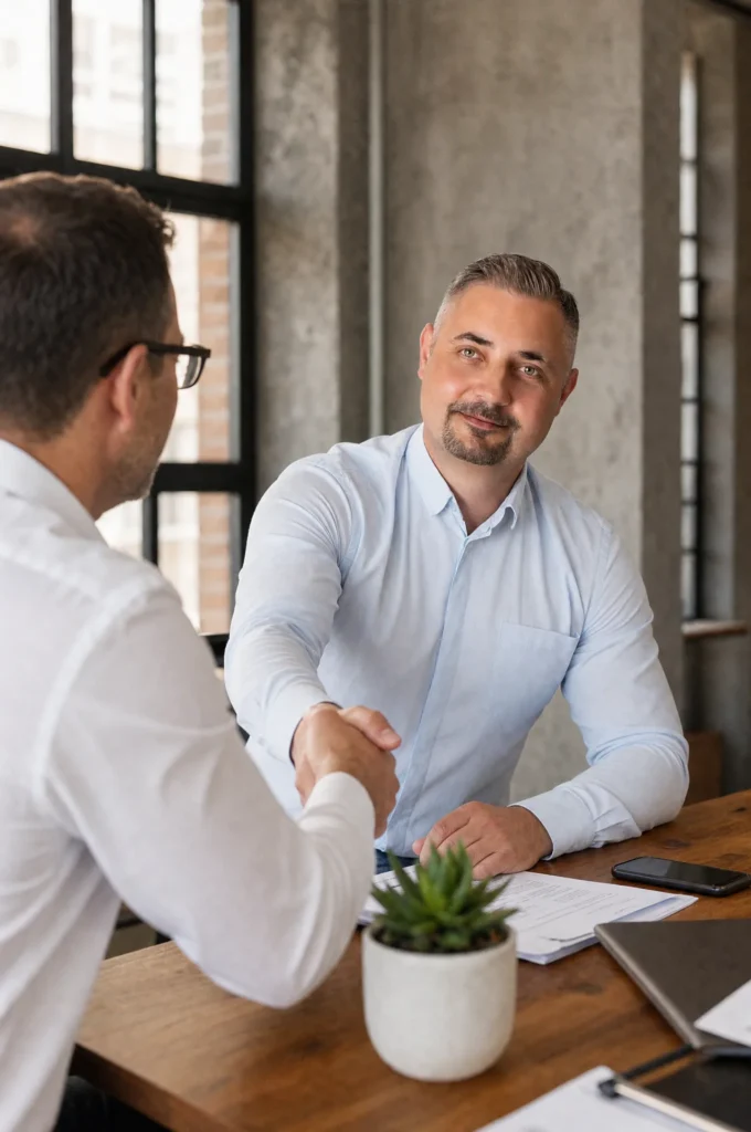 Uścisk dłoni po spotkaniu z klientem w biurze Łasica Home Solutions